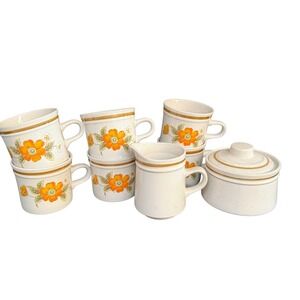 Vintage Mikasa Hallkraft Stoneware Poppy 6 Mugs, sugar, Creamer Set KA102 Japan